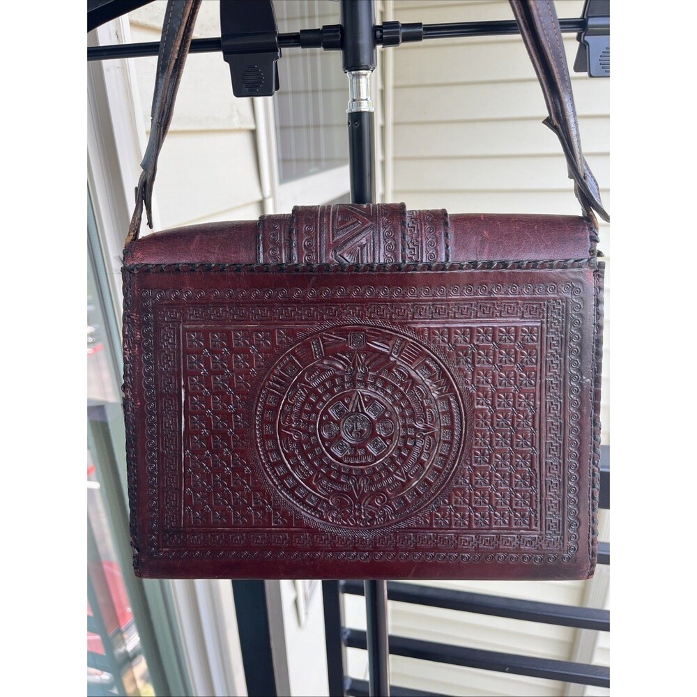 Vintage Mexican Aztec Mayan Tooled Brown Leather Handbag Purse Boho Hippie Vibe - Picture 9 of 16